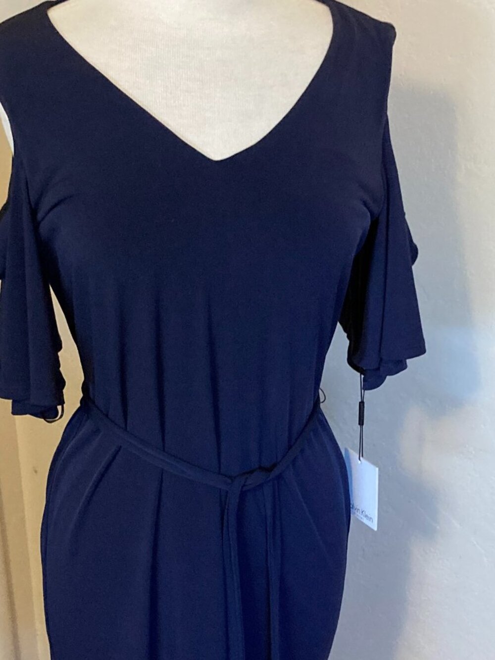 Calvin Klein Cold shoulder V- Neck Belted dress